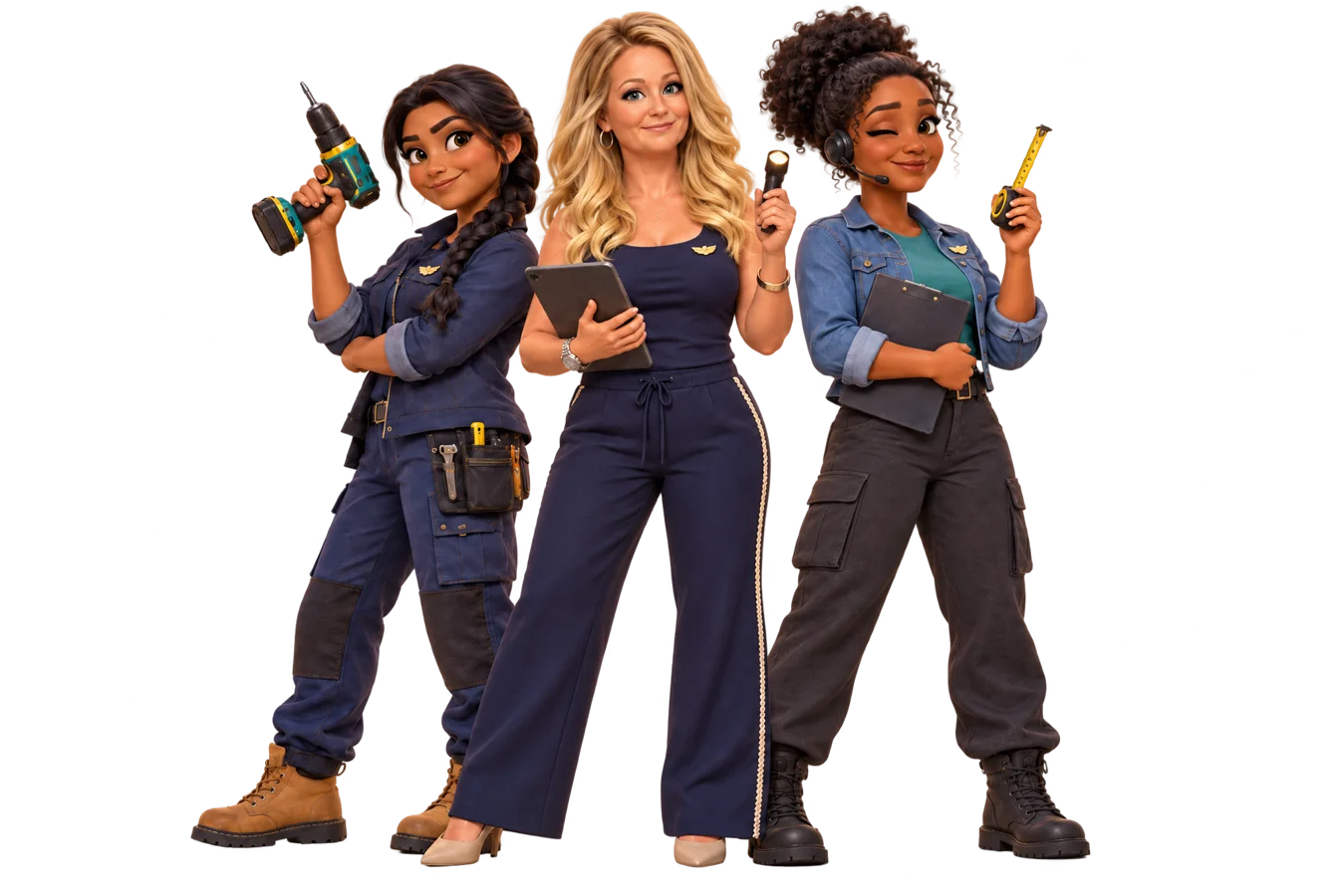 The Honest Angels: Stella with a drill, Donna with a tablet and torch, and Grace with a headset and tape measure